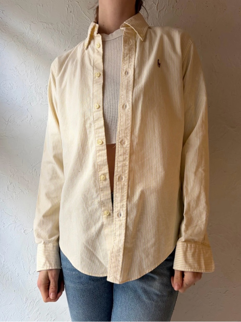 Ralph Lauren Women’s Pale Yellow Stripe Cotton Button-Down Shirt